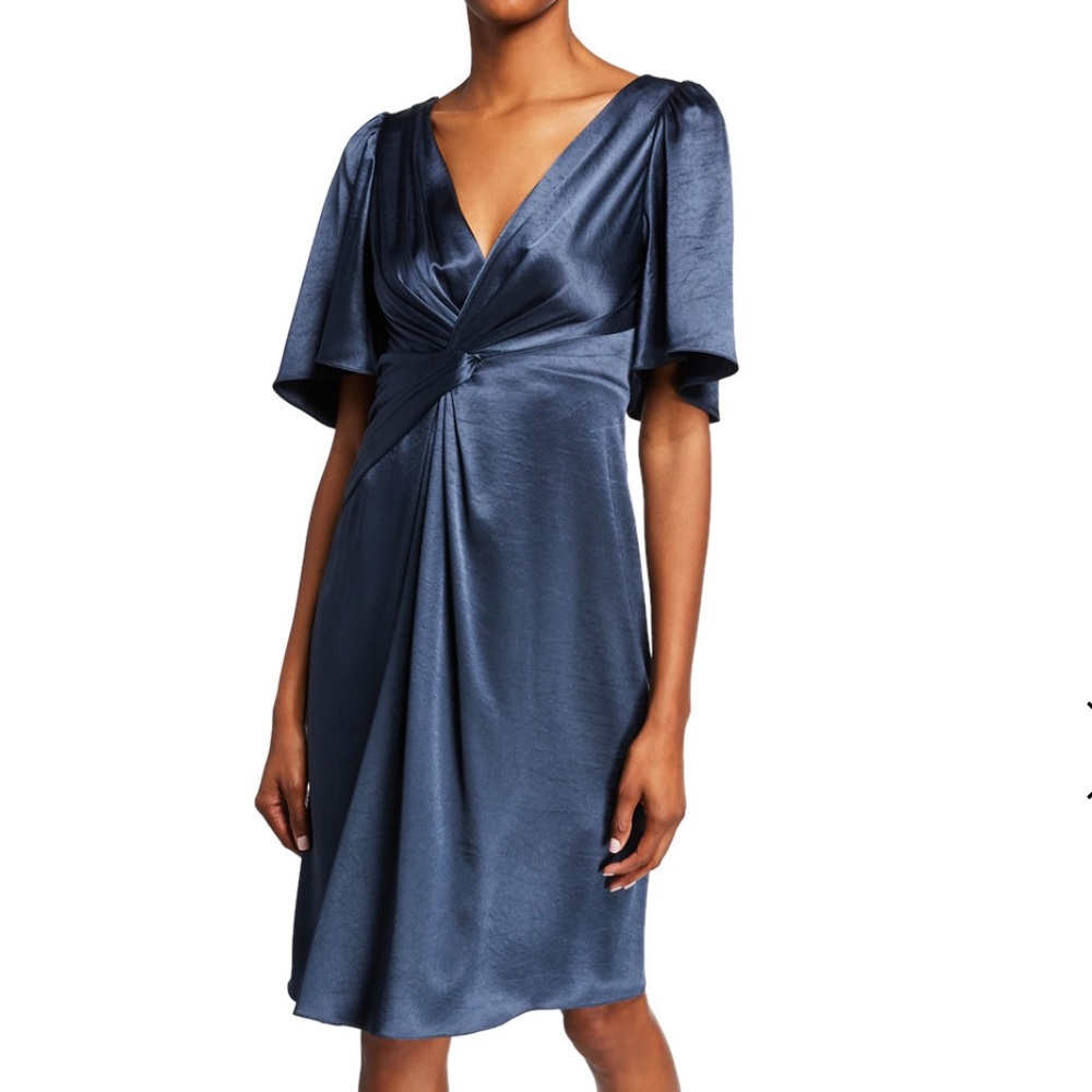 Elie Tahari Steel Blue Satin V-Neck Twist Front Dress